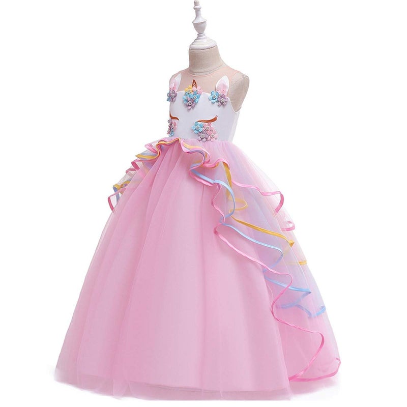 HIHCBF Girls Unicorn Costume Pageant Princess Party Dress Wedding Birthday Halloween Carnival Long Maxi Gown w/Headband Pink 12-13T - Image 3